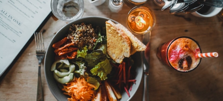 Organic salad bowl served in a restaurant.