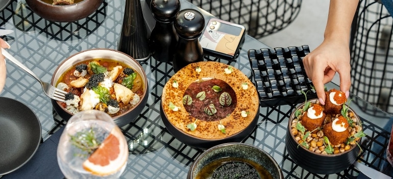 Food and drinks on the table, Dubai. 