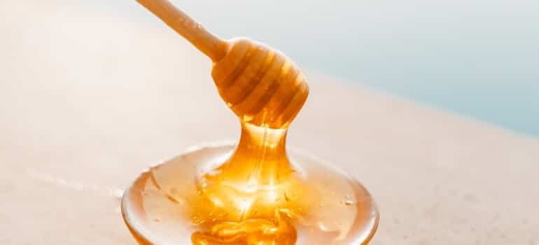 A spoon entering a plate of honey