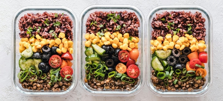 A close-up of prepped meals for after exercise.